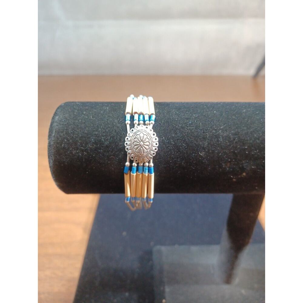 VINTAGE SIGNED NAVAJO BRACELET STERLING Blue Beads And Bone